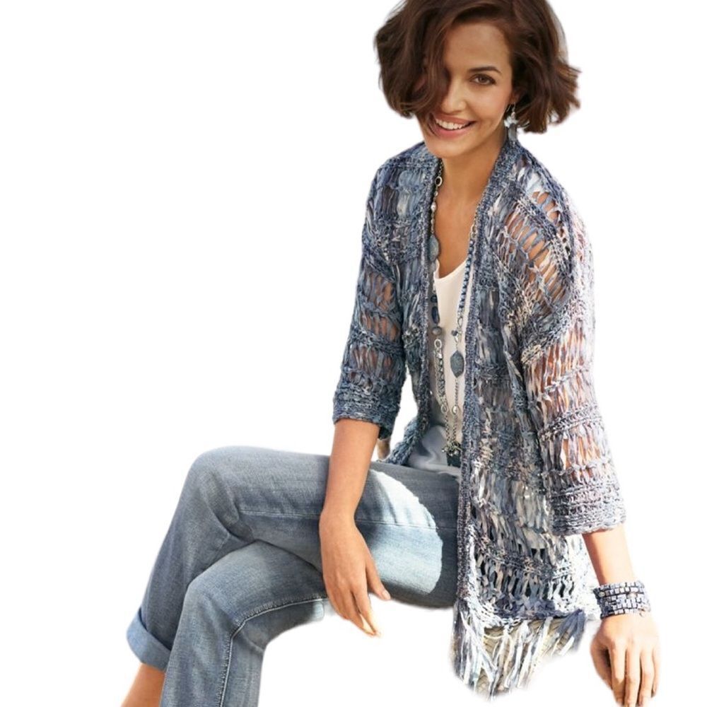 Chico’s Fearless Fringe Lely Cardigan blue open weave size extra large